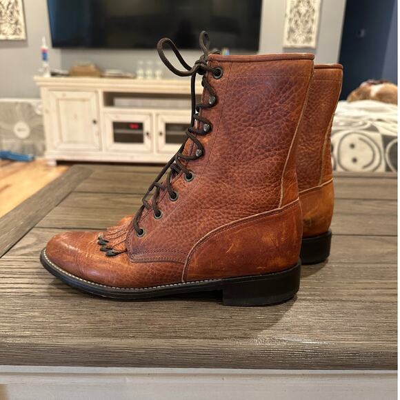 Vintage Justin Roper Boots Brown Lace Fringe Detail Western Kilite Leather S 5 - Picture 4 of 6